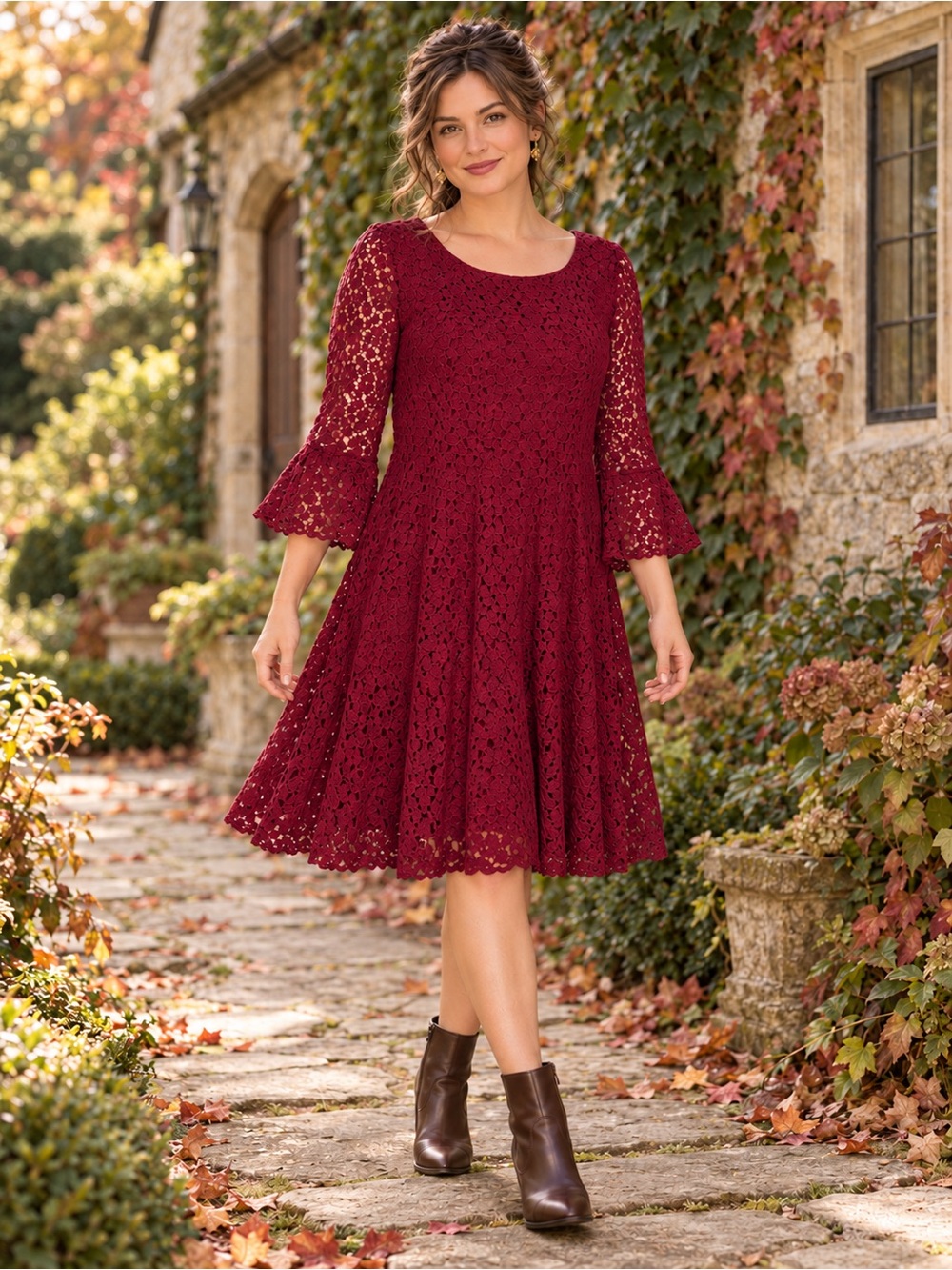 Rabbit Rabbit Designs Burgundy Floral Lace Bell Sleeve Dress Size 16
